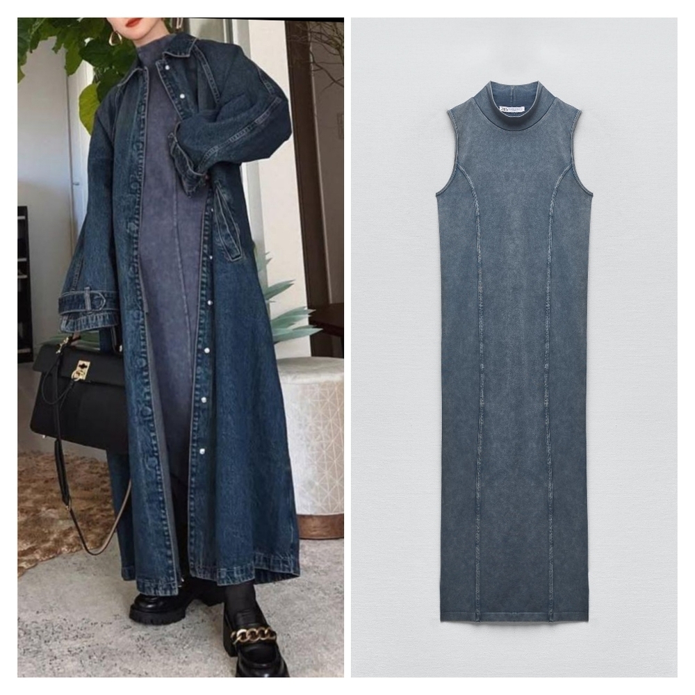 Zara Stretch Bodycon Blue Mock Neck Midi Dress Size XS/S